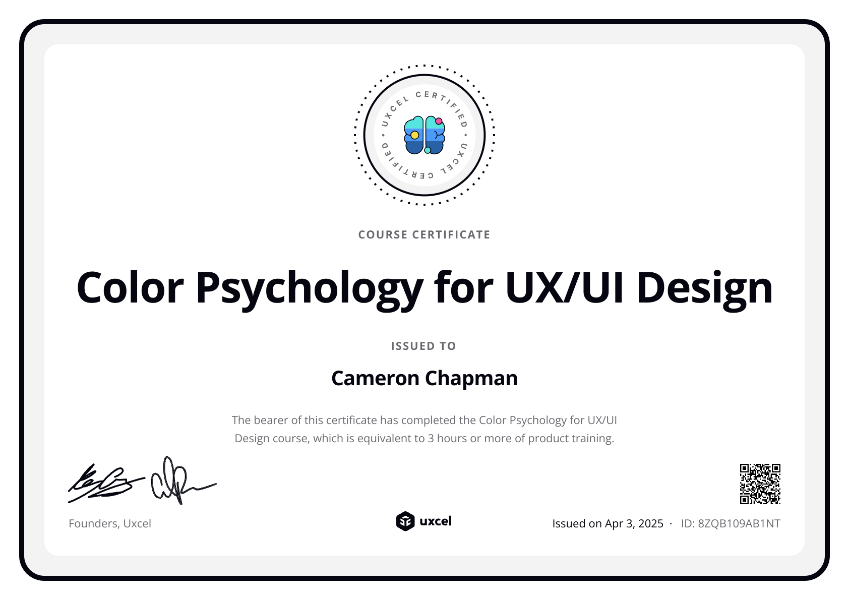 Cameron Chapman's certificate